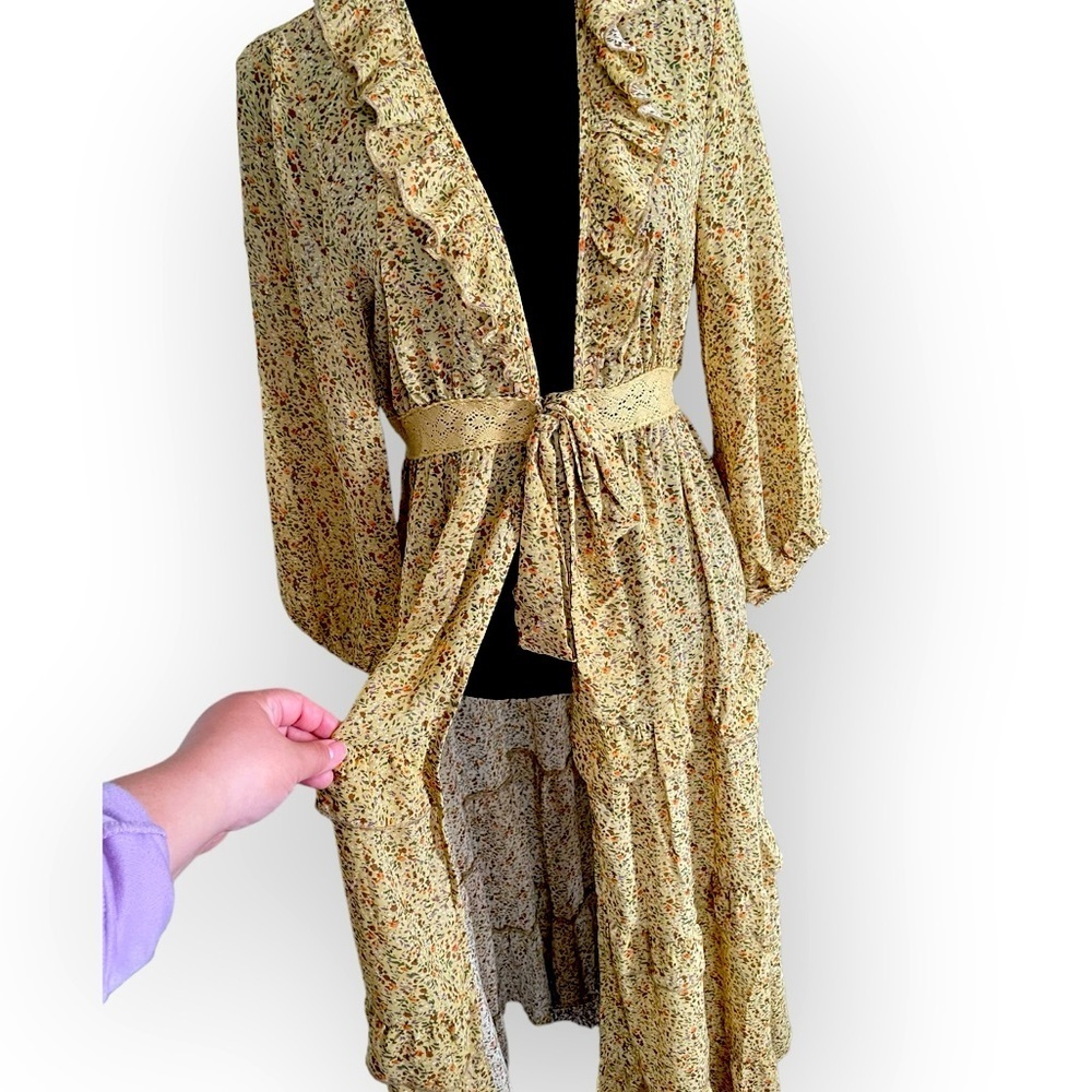 Heyson boho ditsy floral ruffle crochet open long lined kimono mustard medium - Picture 7 of 8